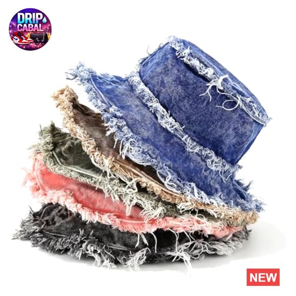 Vintage Denim Bucket Hat Washed Distressed Packable Travel Cap